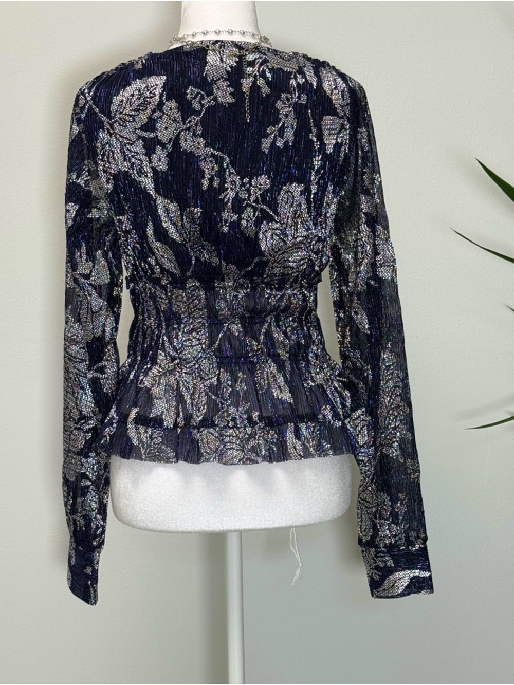 Anthropologie Romantic Glam Navy Metallic Silver Smocked Blouse NWT S Sheer - Picture 8 of 9